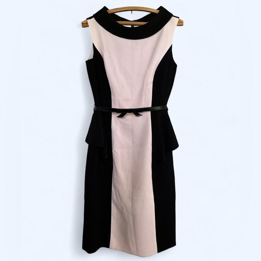 Teri Jon Rickie Freeman Black Pink Color Block Peplum Bow Belt Pencil Dress 8